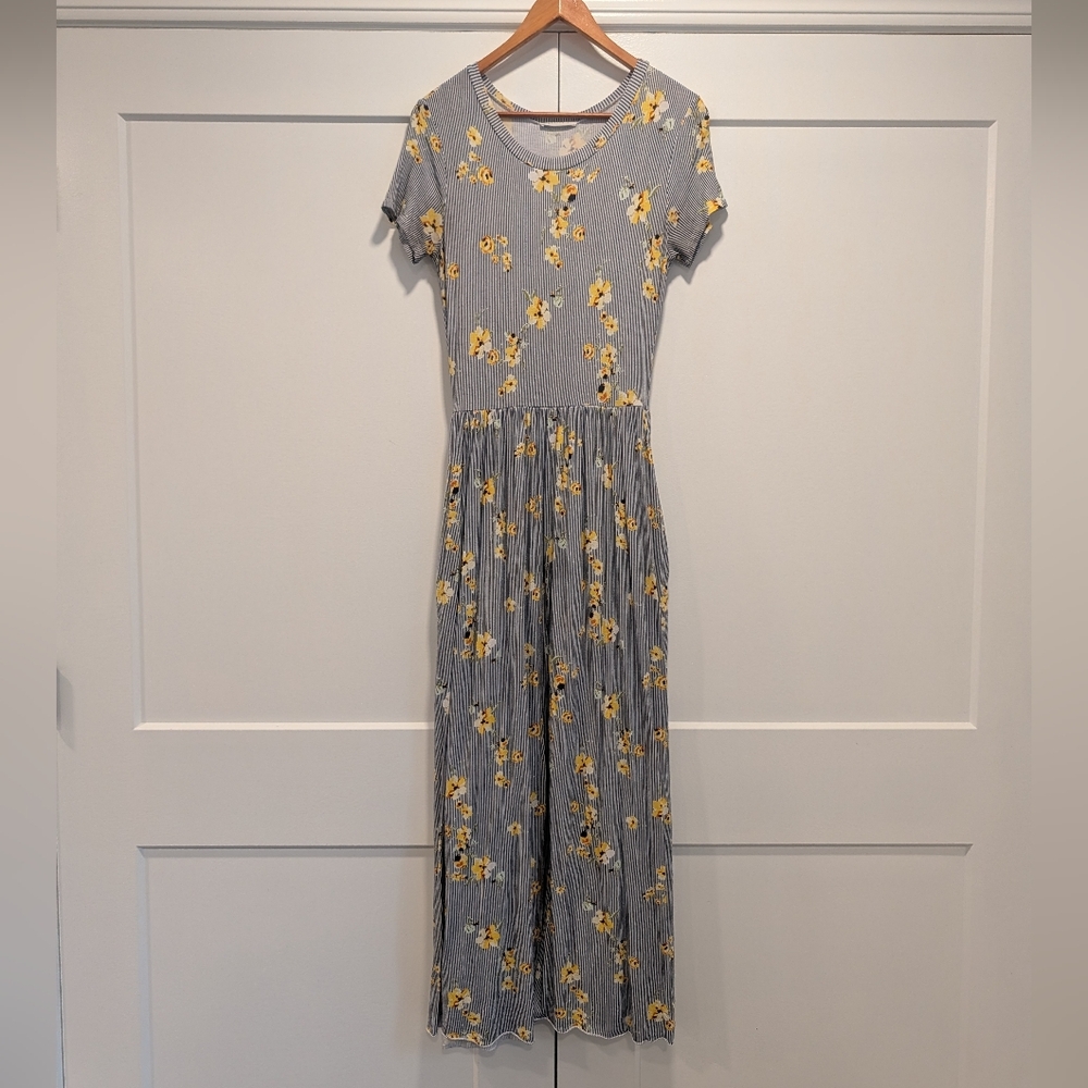 REBORN Navy Striped Maxi Dress with Yellow Floral Design